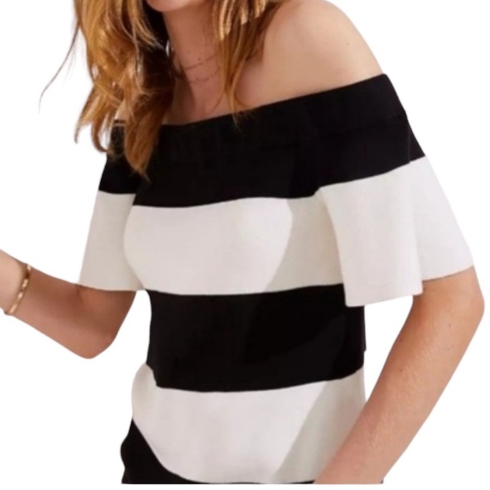 Loft Off The Shoulder Striped Black & White Women’s Short Sleeve Top Size Small